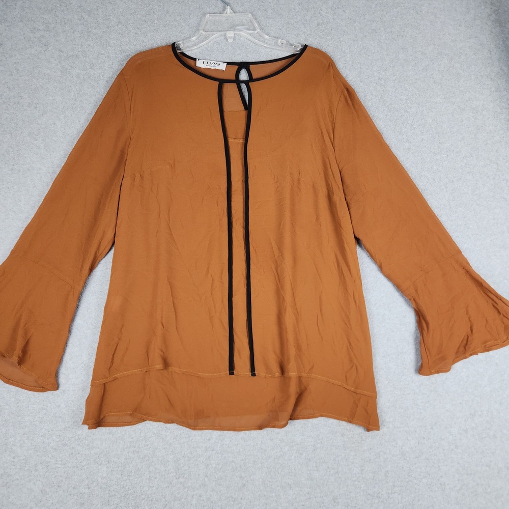 EDAS Blouse Womens 20 Rust‎ Brown Piping Detail Bell Sleeve Layered Keyhole Neck